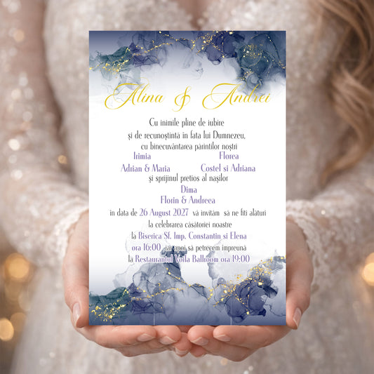 Invitație digitală Nuntă Elegantă Albastru & Auriu – Model Abstract Premium
