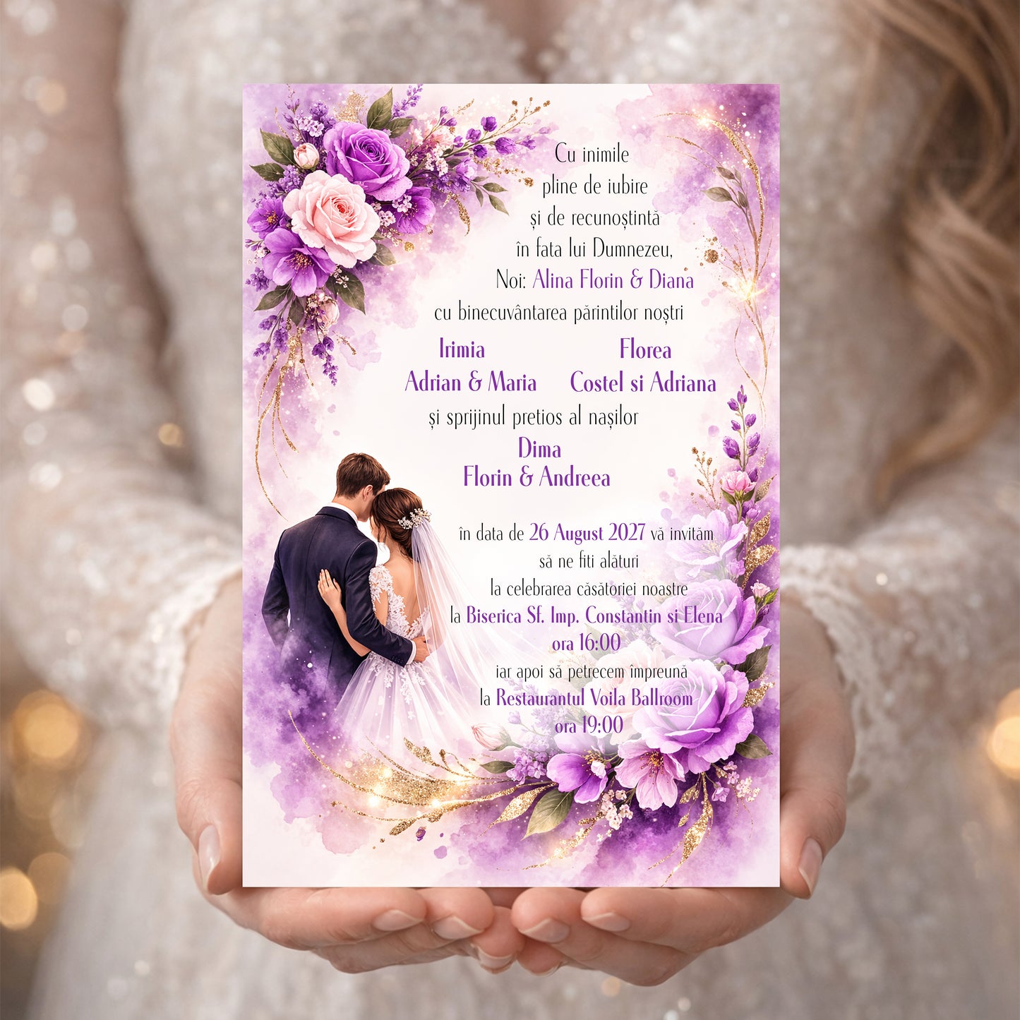 Invitație digitală Nuntă Romantică Mov cu Fotografie – Model Floral Elegant Premium