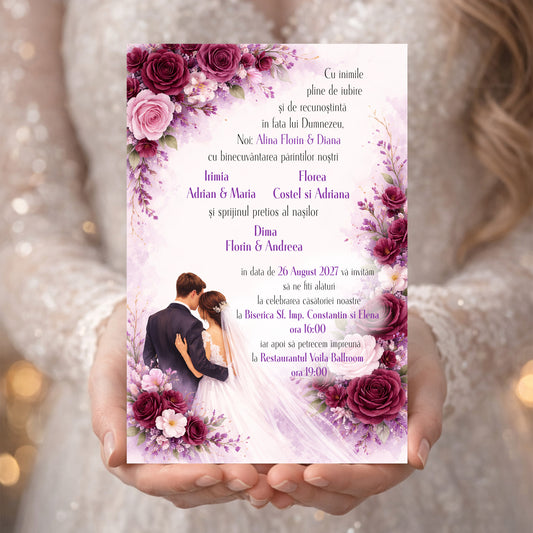 Invitație digitală Nuntă Florală Mov Intens – Model Elegant Romantic