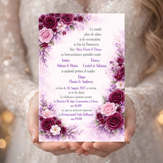 Invitație digitală Nuntă Romantică Mov cu Ilustrație Cuplu – Model Floral Elegant