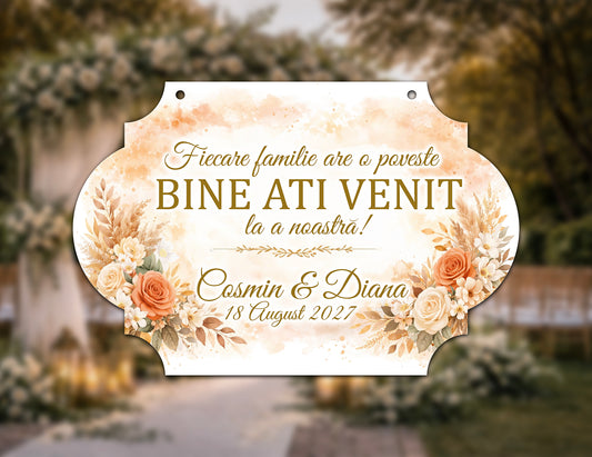 Plăcuță nuntă „Bine ați venit” personalizată – model premium