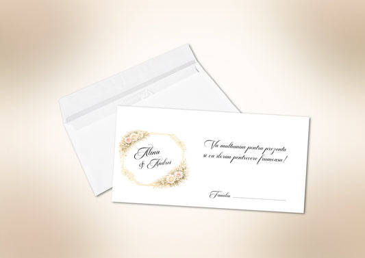 Plic bani nuntă personalizat cu numele mirilor – model elegant pentru dar de nuntă