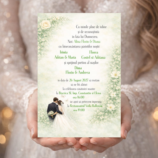 Invitație digitală Nuntă Greenery Elegant – Model Floral Verde Romantic