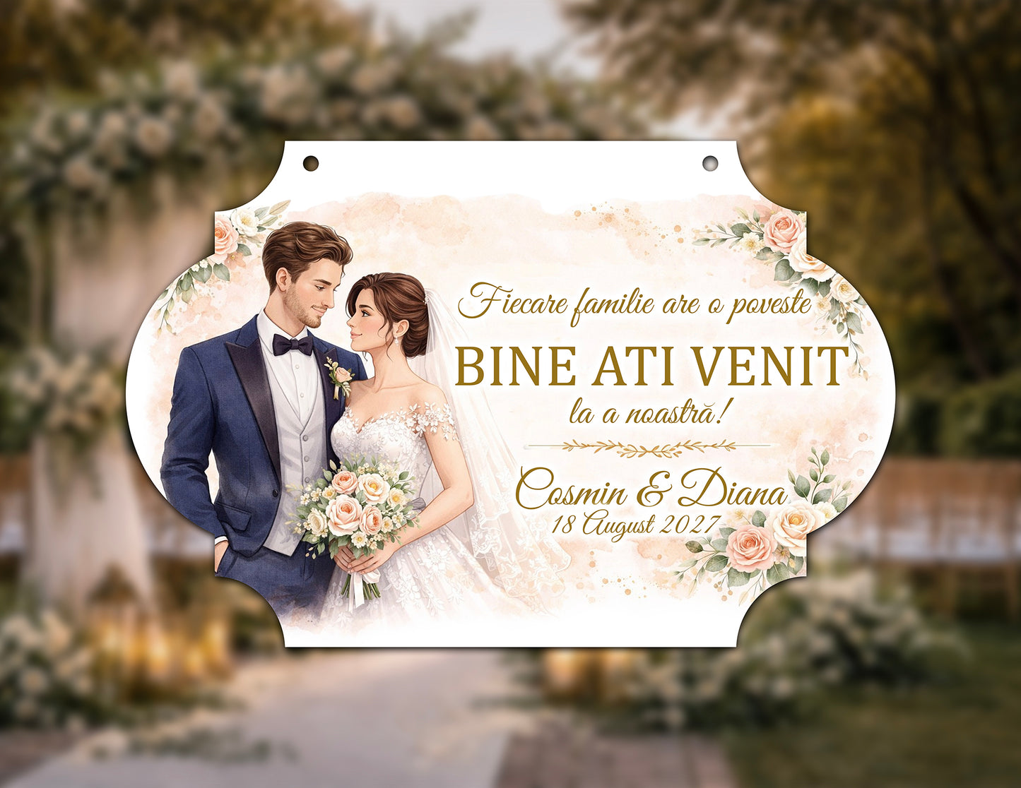 Plăcuță nuntă „Bine ați venit” personalizată – model romantic floral