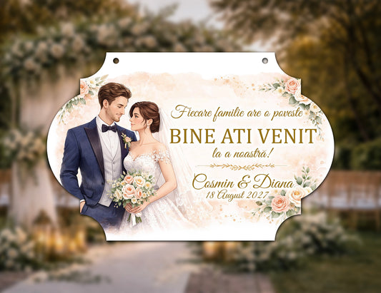 Plăcuță nuntă „Bine ați venit” personalizată – model romantic floral