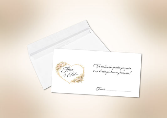 Plic pentru bani nuntă personalizat cu numele mirilor – accesoriu elegant pentru eveniment