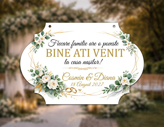 Plăcuță nuntă „Bine ați venit” personalizată – model clasic rafinat