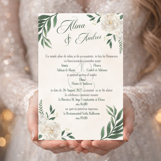 Invitație digitală Nuntă Elegantă cu Flori Verzi – Model Floral Premium