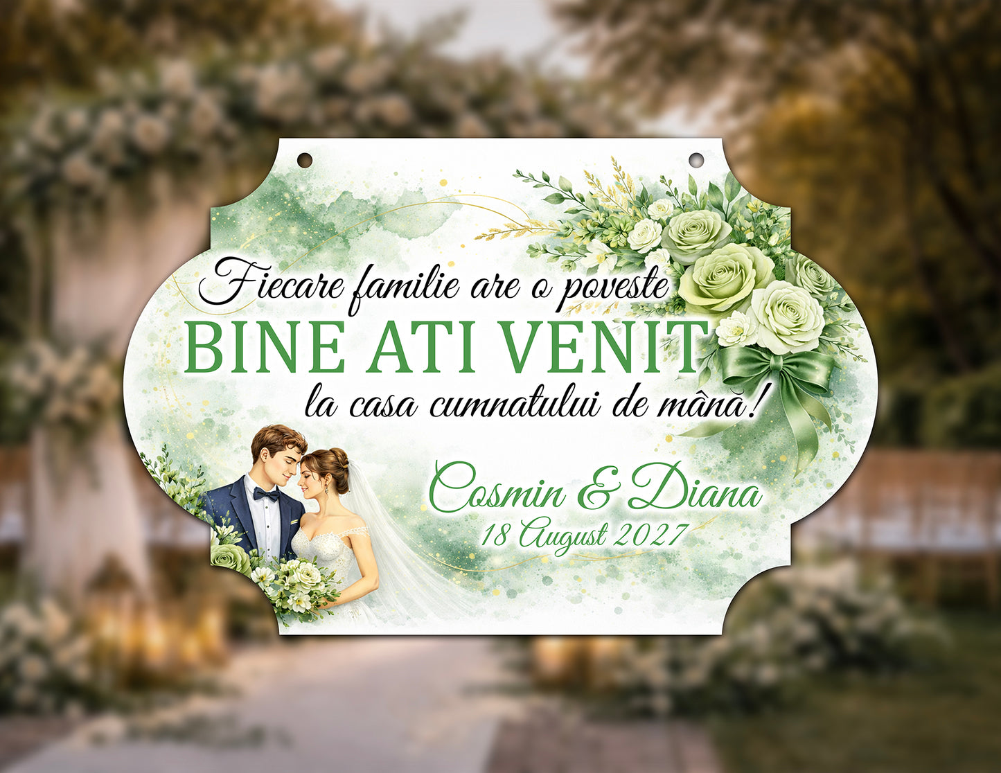 Plăcuță nuntă „Bine ați venit” personalizată – model luxury elegant