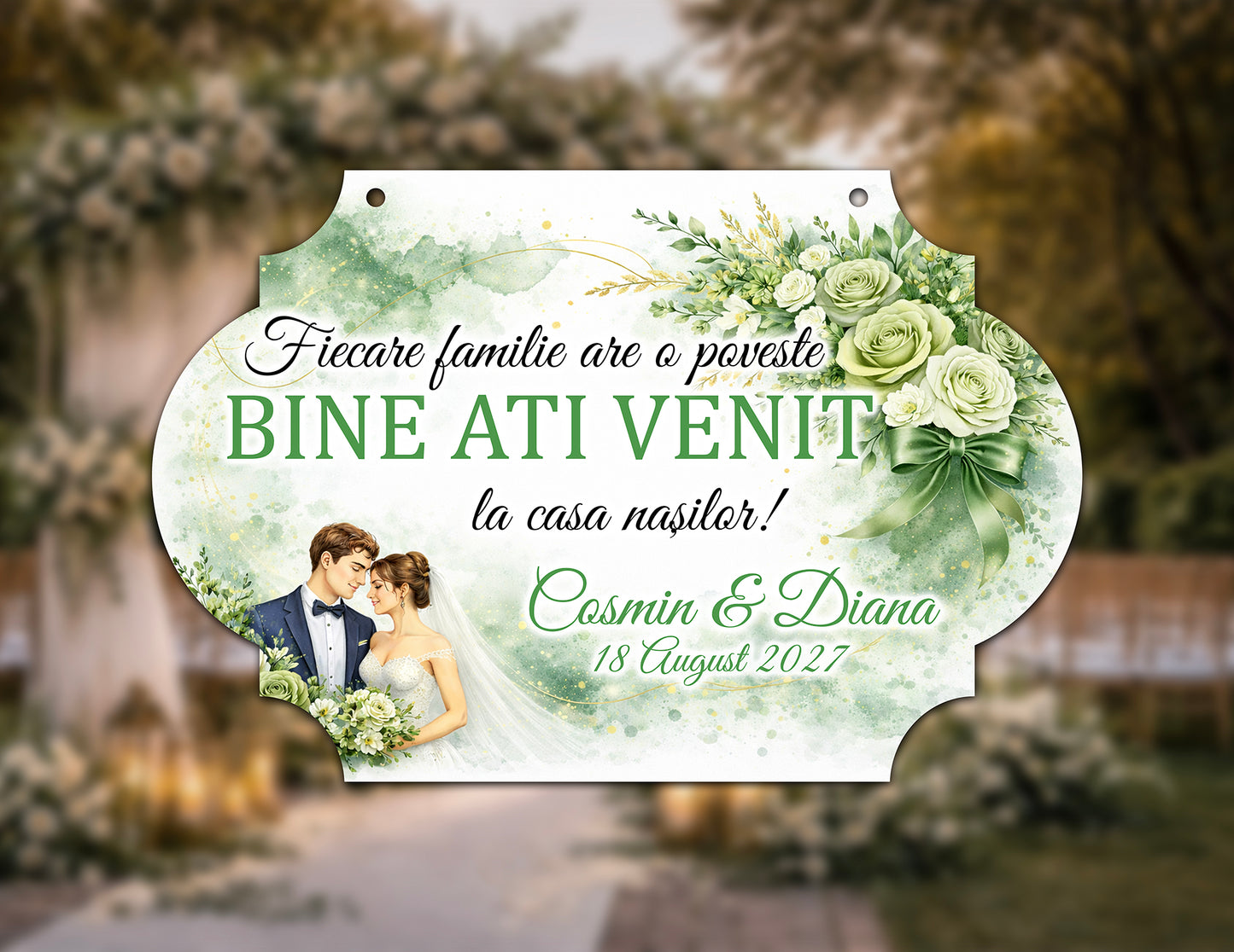 Plăcuță nuntă „Bine ați venit” personalizată – model luxury elegant