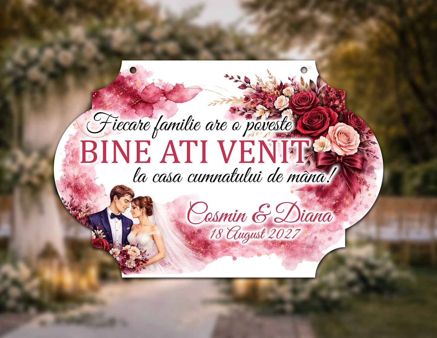 Plăcuță nuntă „Bine ați venit” personalizată – model vintage romantic