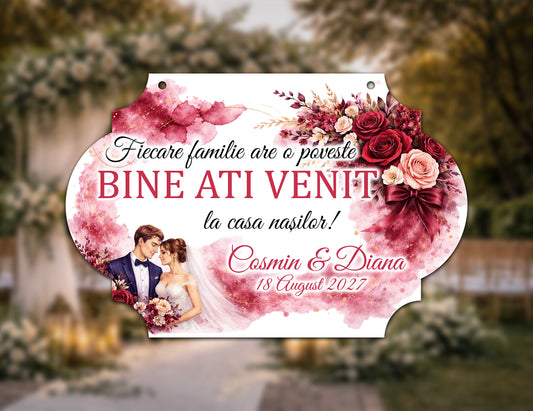 Plăcuță nuntă „Bine ați venit” personalizată – model vintage romantic