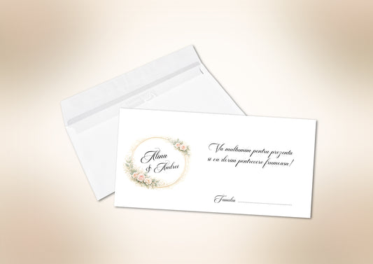 Plic elegant pentru dar de nuntă personalizat cu numele mirilor – design deosebit
