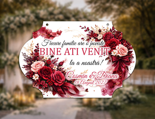 Plăcuță nuntă „Bine ați venit” personalizată – model delicat pastel