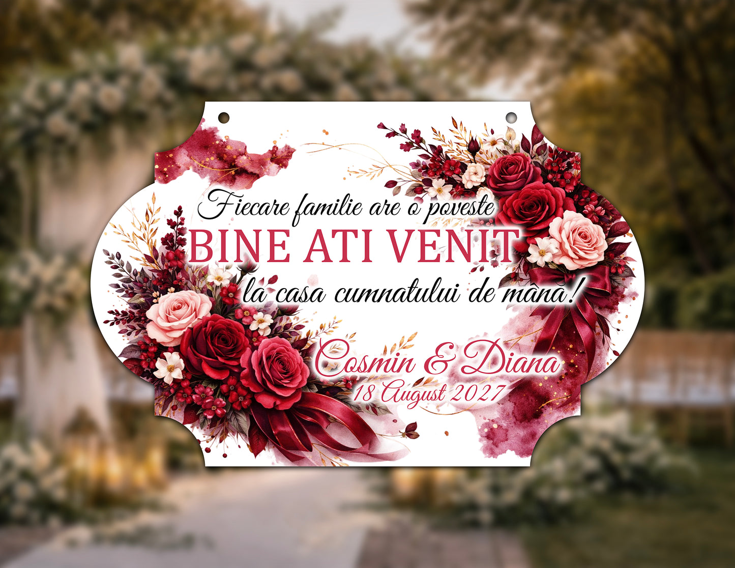 Plăcuță nuntă „Bine ați venit” personalizată – model delicat pastel