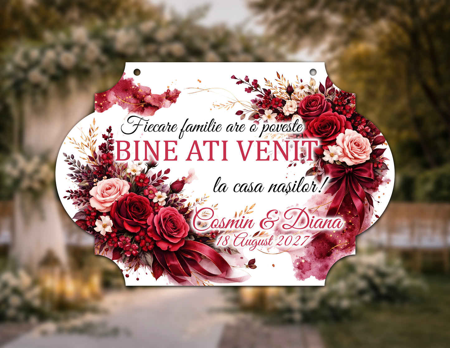 Plăcuță nuntă „Bine ați venit” personalizată – model delicat pastel