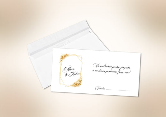 Plic bani nuntă personalizat cu numele mirilor – soluție elegantă pentru dar