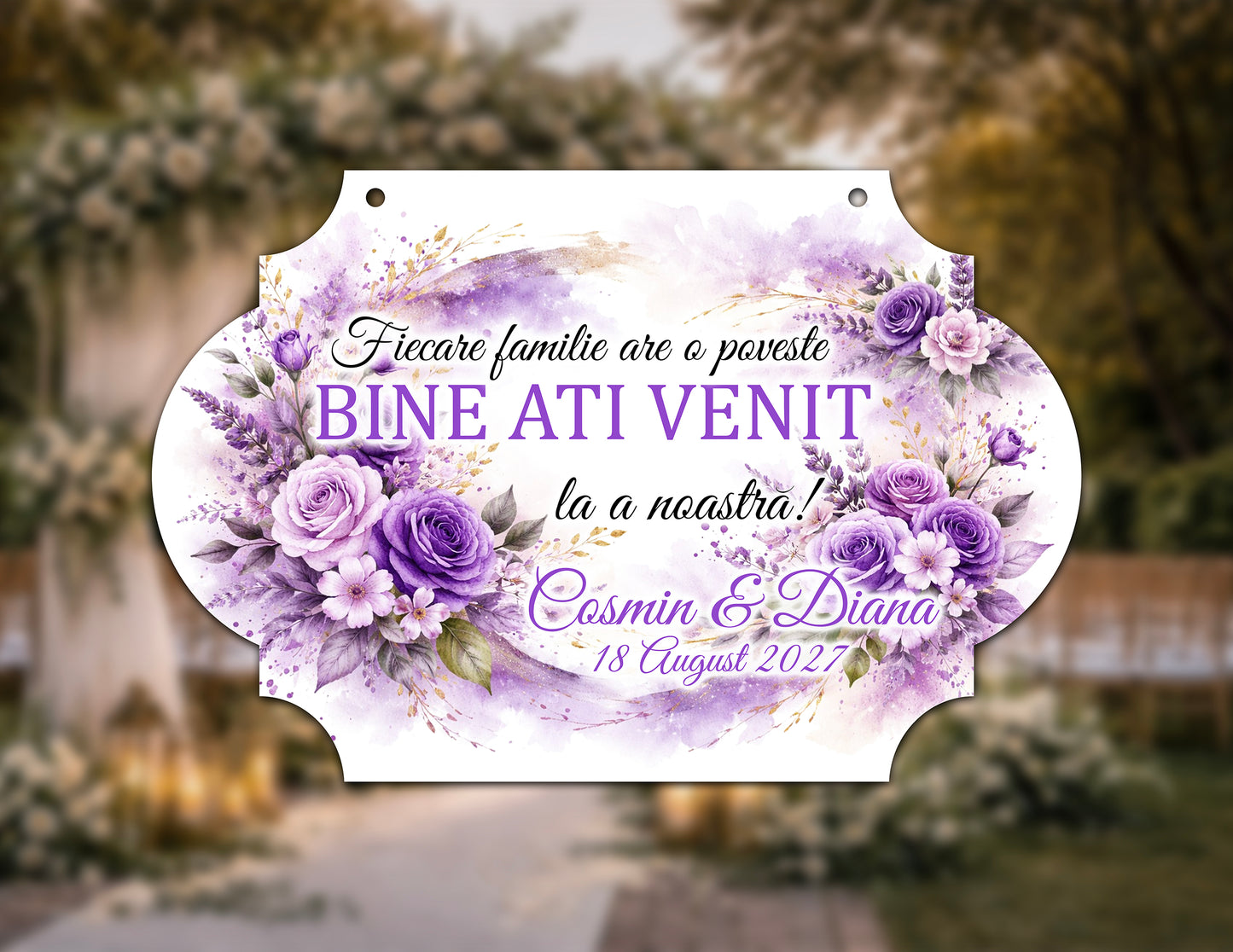 Plăcuță nuntă „Bine ați venit” personalizată – model elegant cu flori