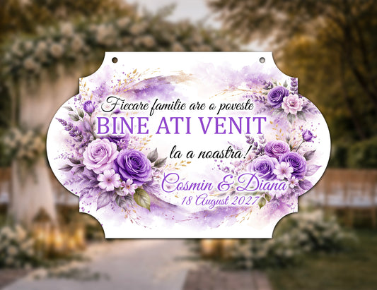 Plăcuță nuntă „Bine ați venit” personalizată – model elegant cu flori