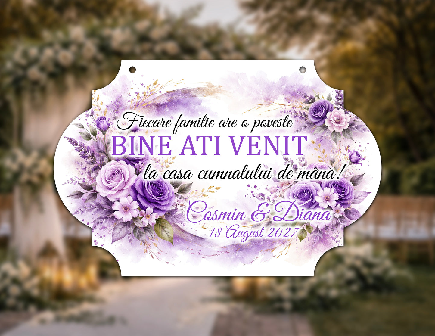 Plăcuță nuntă „Bine ați venit” personalizată – model elegant cu flori