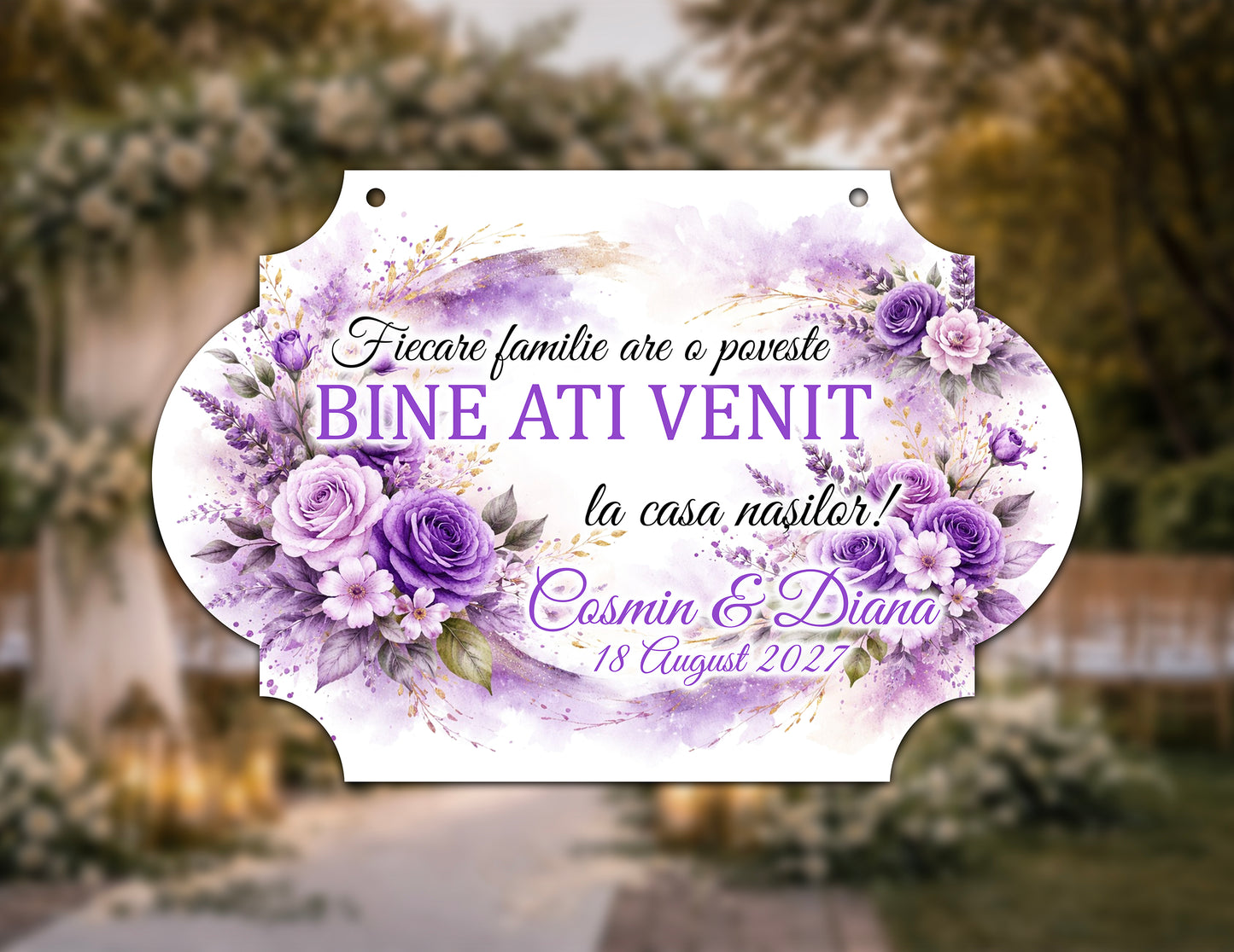 Plăcuță nuntă „Bine ați venit” personalizată – model elegant cu flori