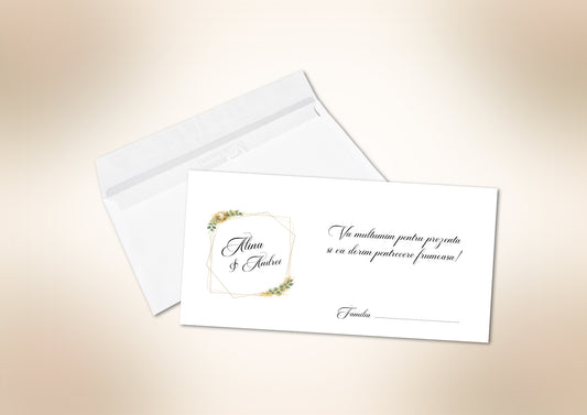 Plic personalizat pentru bani de nuntă cu numele mirilor – detaliu elegant pentru eveniment