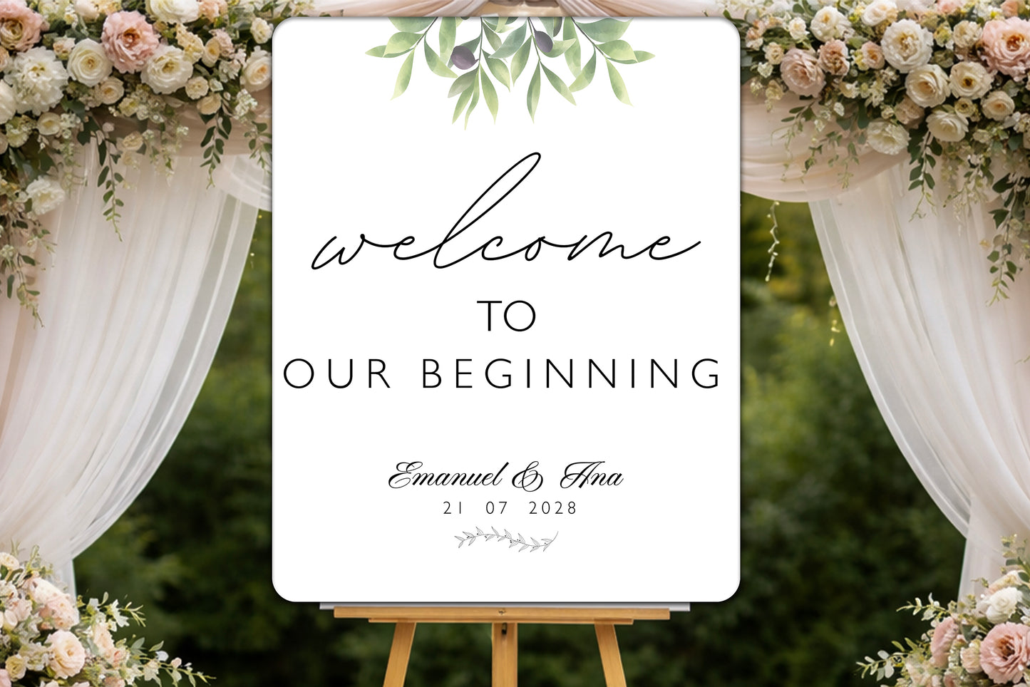 Plăcuță Welcome Nuntă „Welcome to Our Beginning” – Panou Întâmpinare Elegant 32x40 cm