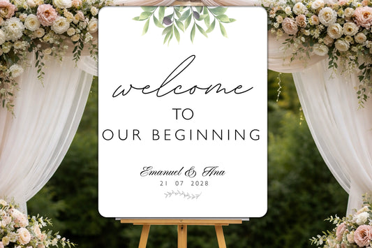 Plăcuță Welcome Nuntă „Welcome to Our Beginning” – Panou Întâmpinare Elegant 32x40 cm
