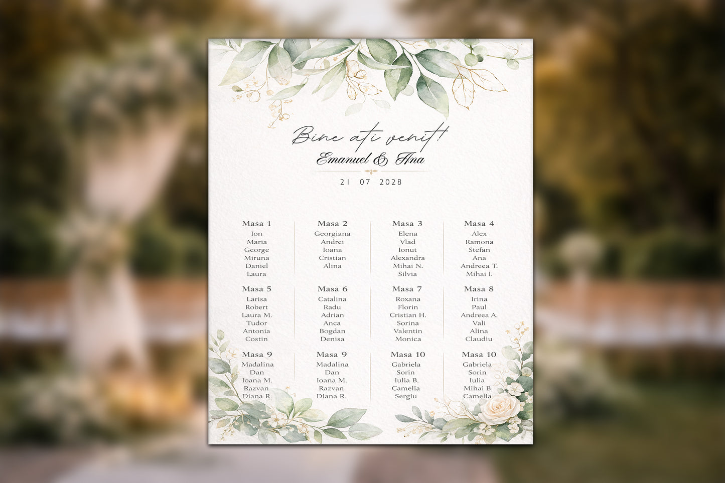 Panou nuntă listă invitați elegant floral „Green Harmony”