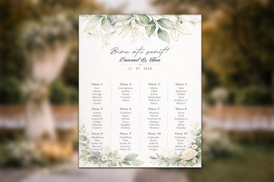 Panou nuntă listă invitați elegant floral „Green Harmony”