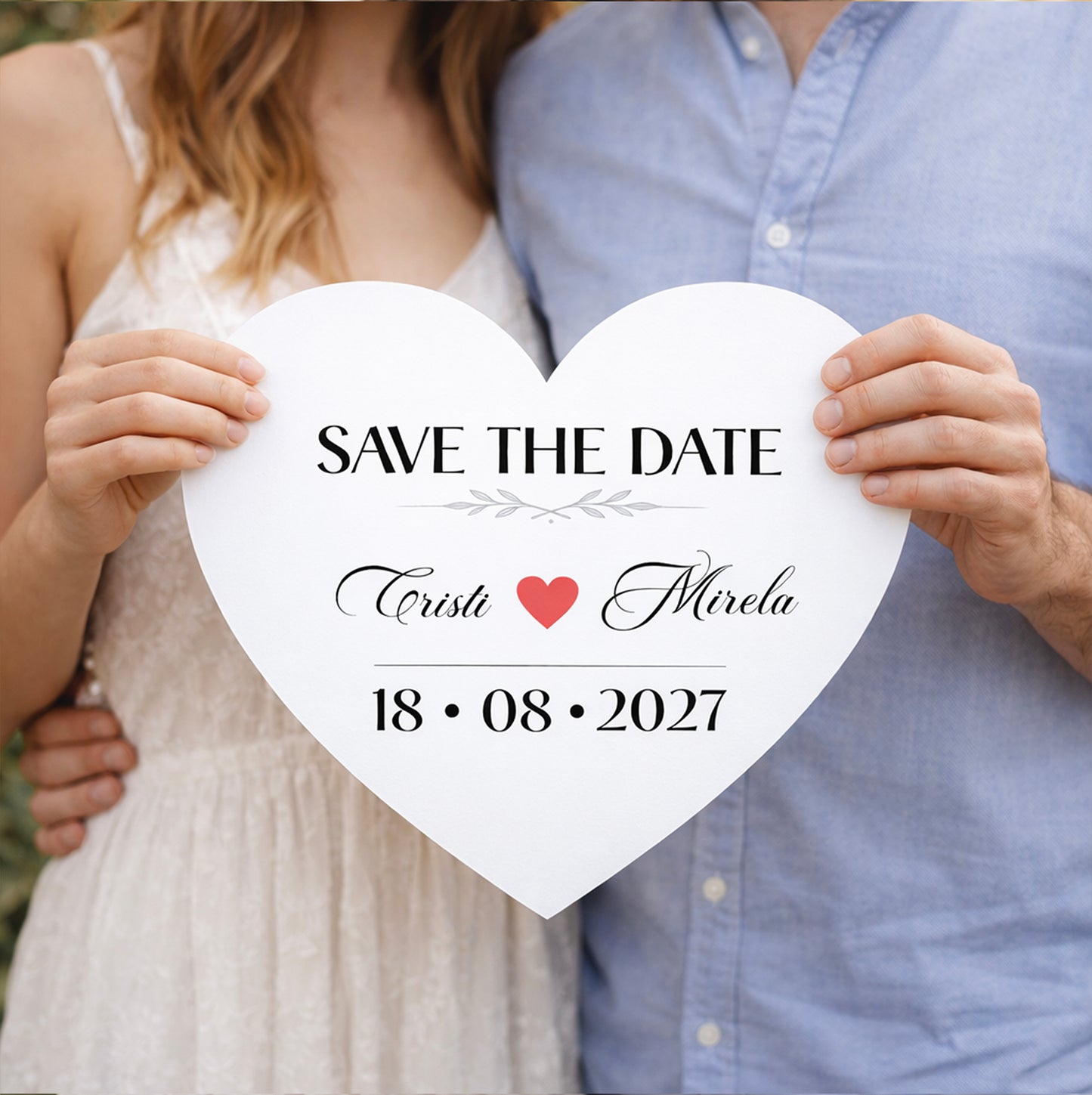 Plăcuță „Save the Date” inimă personalizată – model elegant nuntă