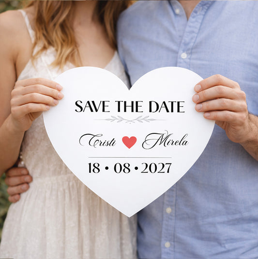 Plăcuță „Save the Date” inimă personalizată – model elegant nuntă