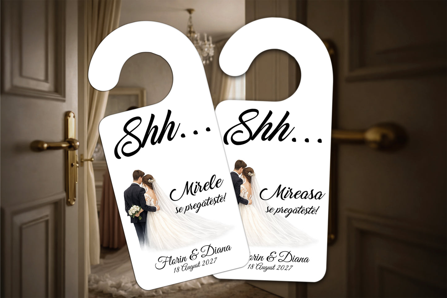 Set 2x agățătoare ușă nuntă „Shh… Mirele & Mireasa se pregătesc” – model elegant personalizat